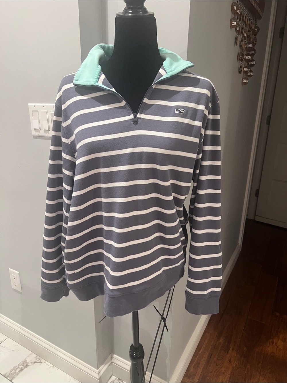 Vineyard Vines Gray & White Striped Quarter-Zip with Mint Collar